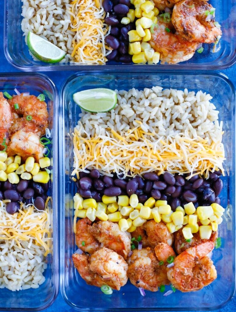 Overhead shot Shrimp Taco Meal Prep bowls.