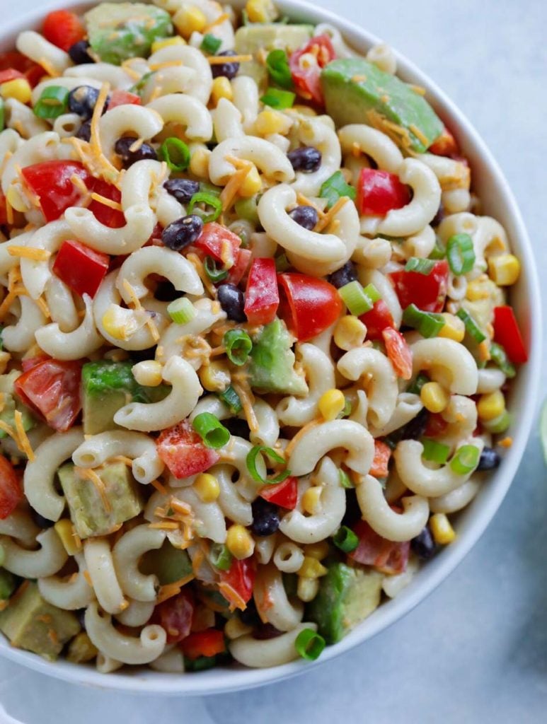 Taco Ranch Pasta Salad in a bowl ready to serve