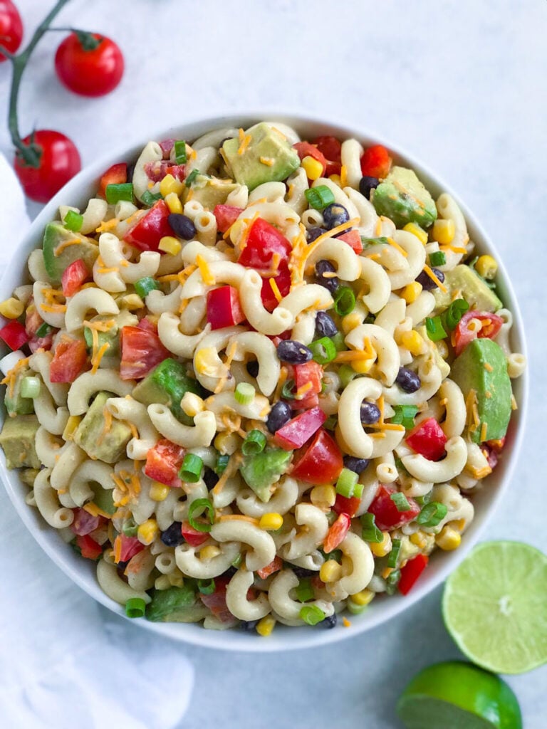 Taco Ranch Pasta Salad served in a large white bowl