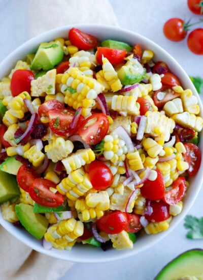 Super simple corn salad recipe with added avocados