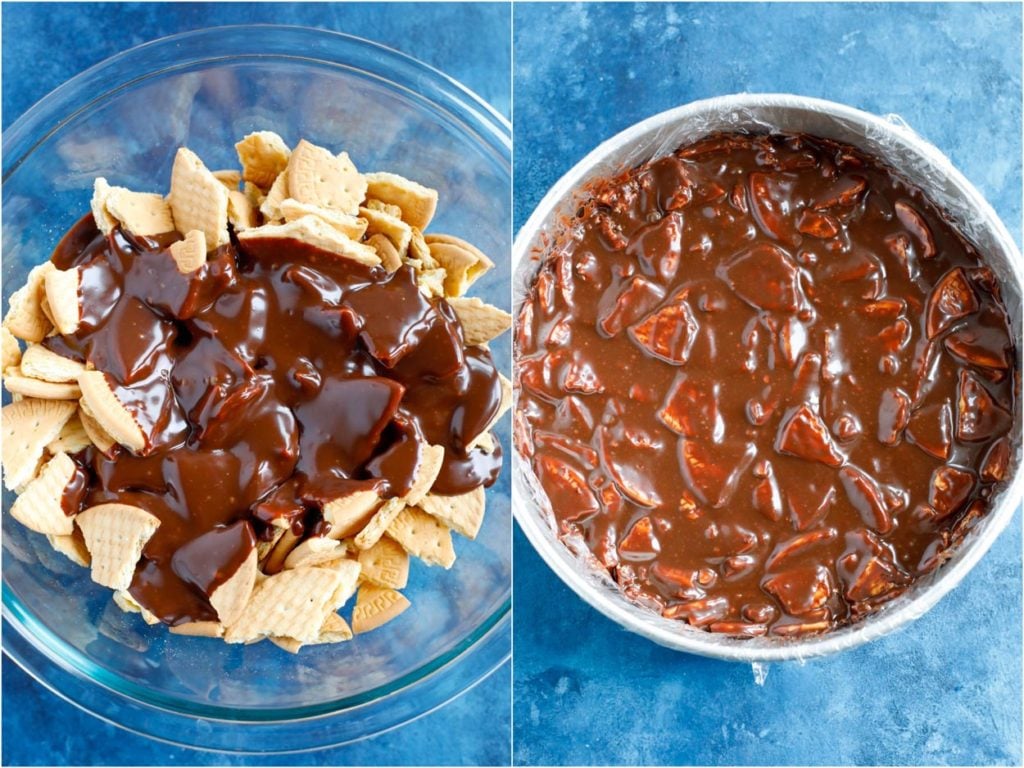 The chocolate being mixed with the biscuits and poured into a cake pan