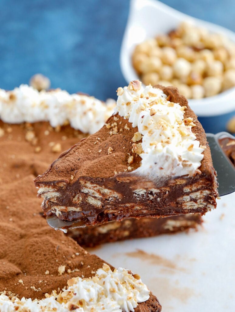 A slice of no-bake chocolate cake on a cake slice