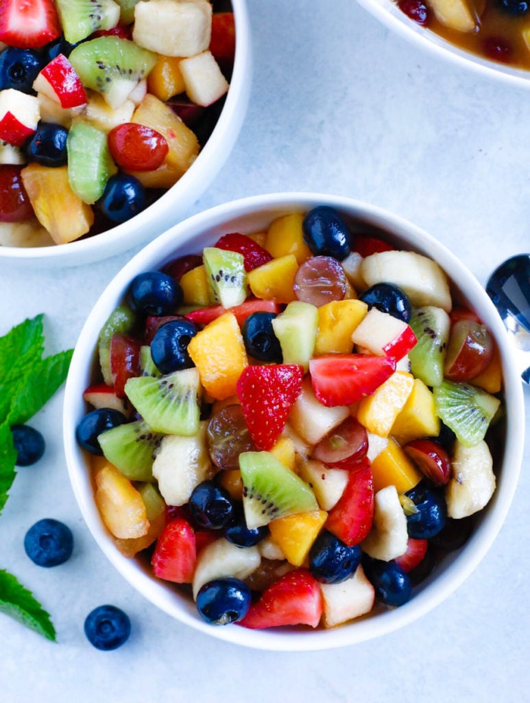 fruit salad served in two bowls