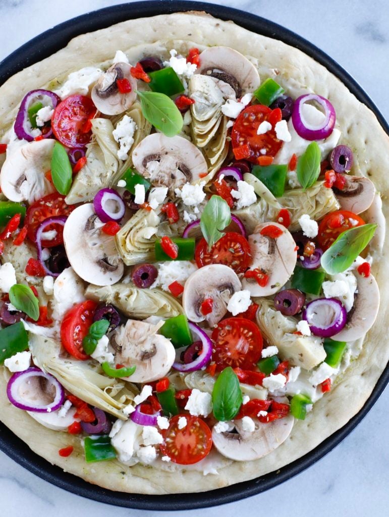 Top down shot of Mediterranean Veggie Pizza