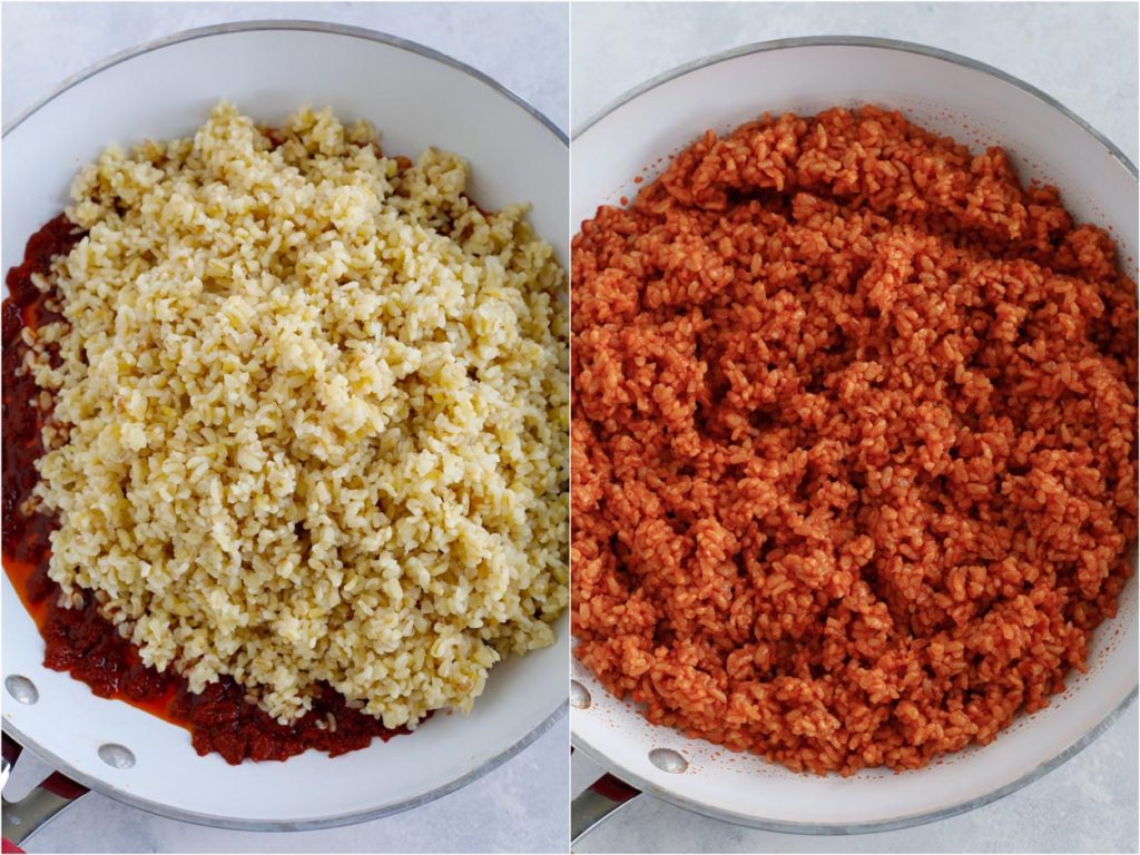 The bulgur being mixed with the tomato sauce in a pan