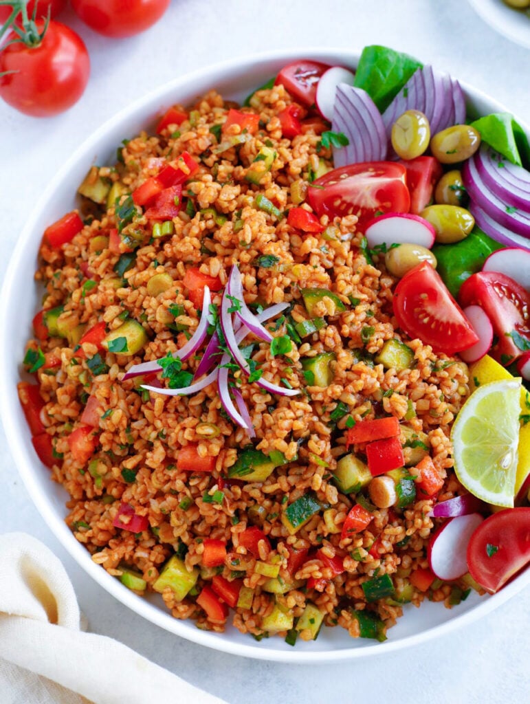 Turkish Bulgur Salad (served in a large white bowl