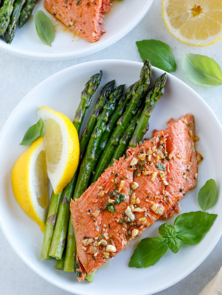 Baked Honey Garlic Salmon with asparagus on plate