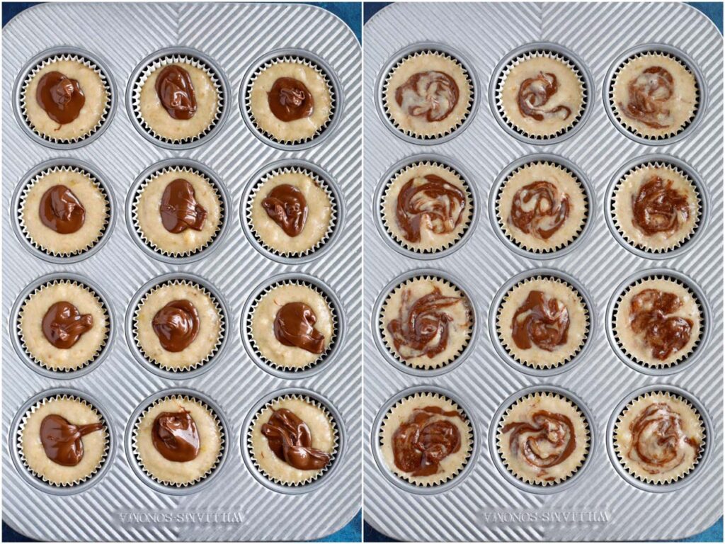 Nutella Banana Swirl Muffins muffin batter in muffin cups.