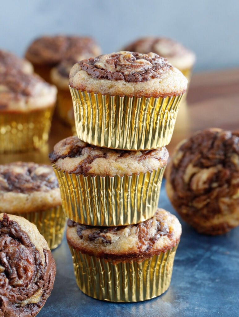 stack of Nutella Swirl Banana Muffins.