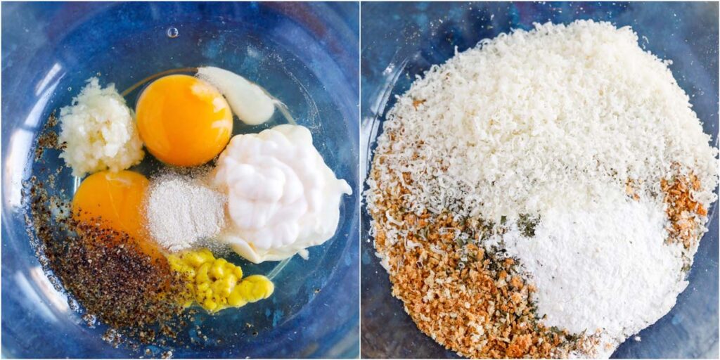 wet and dry ingredients for Baked Parmesan Crusted Chicken coating