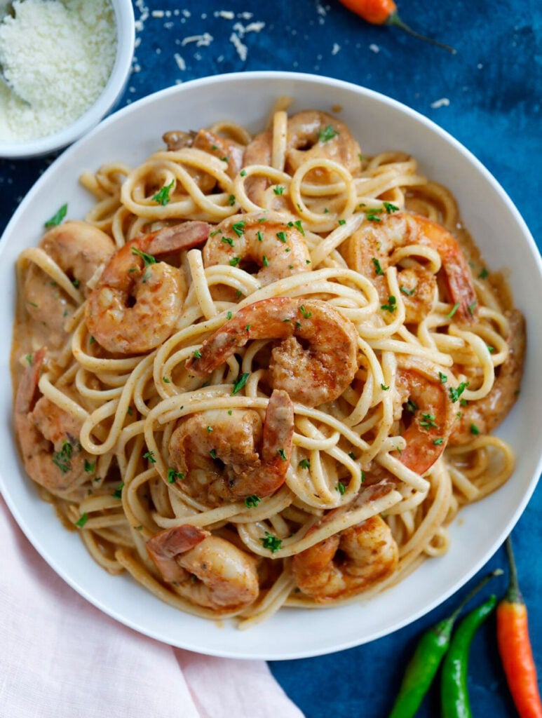 top down shot of Creamy Shrimp Cajun Pasta