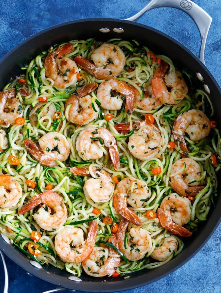 Zucchini Noodles with Shrimp in a skillet