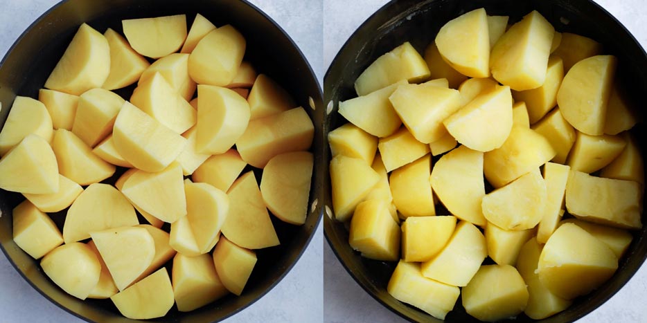 mashed potatoes cubed potatoes in a pot