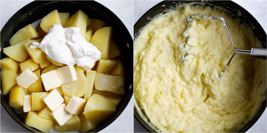 mashing potatoes in a pot