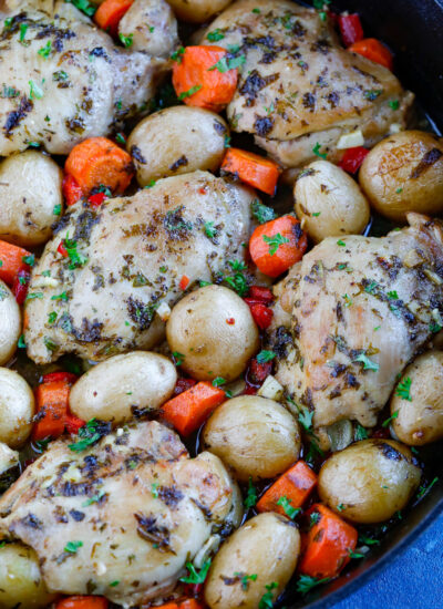 Oven Baked Chicken and Potatoes in a skillet