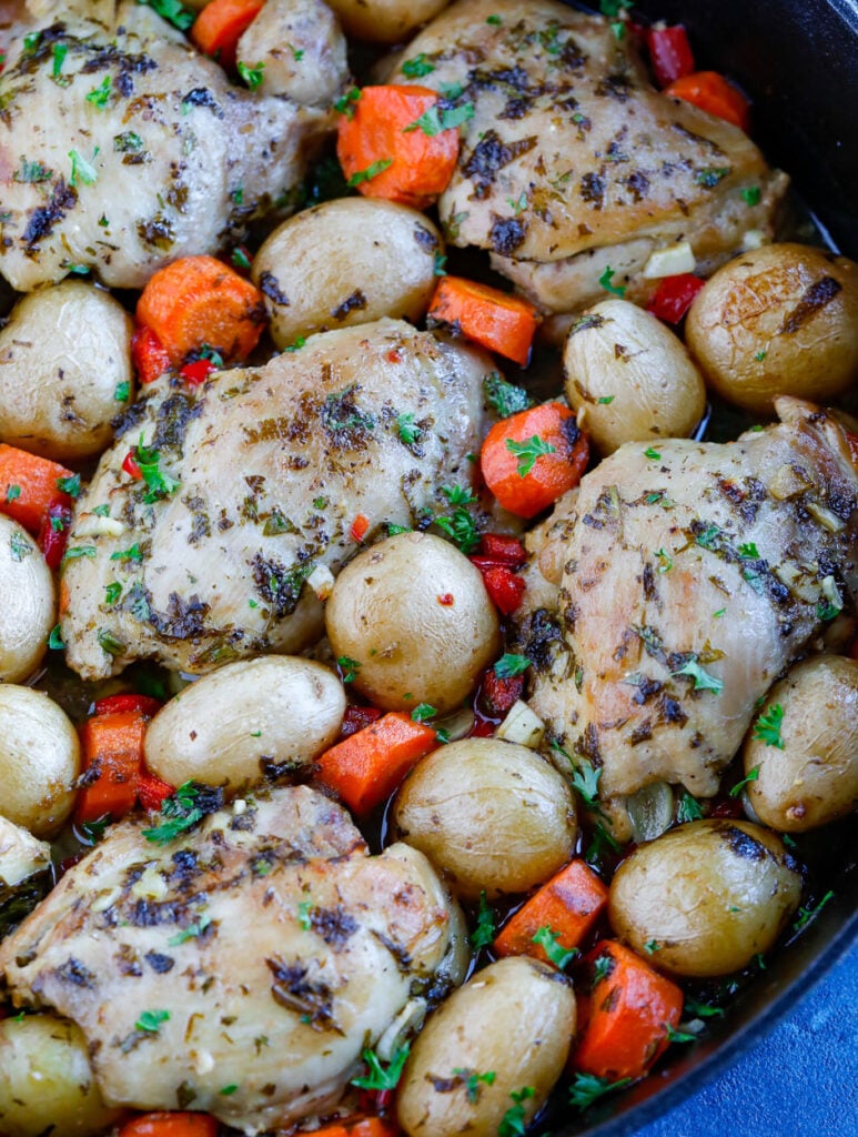 Oven Baked Chicken and Potatoes in a skillet