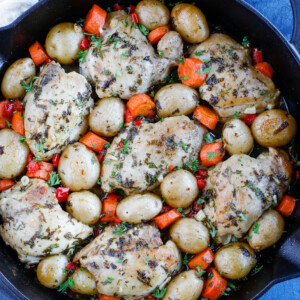 overhead shot of Baked chicken and potatoes