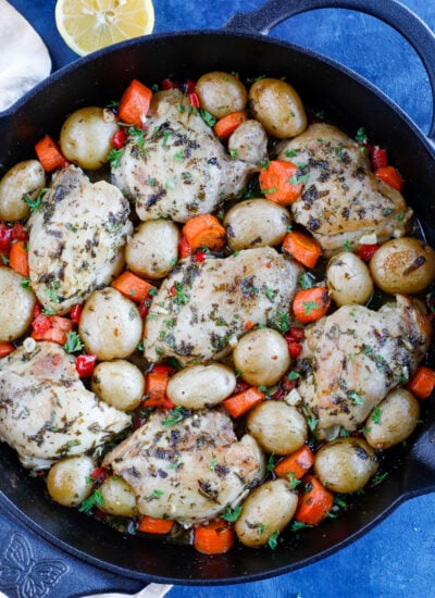 overhead shot of Baked chicken and potatoes