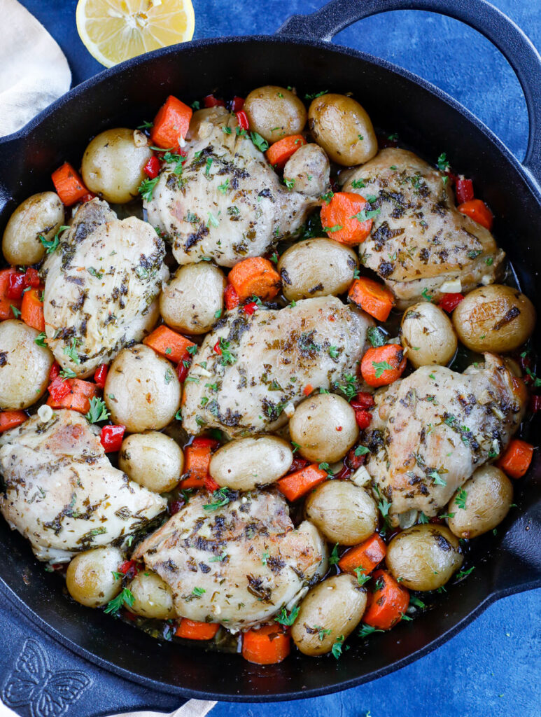 overhead shot of Baked chicken and potatoes