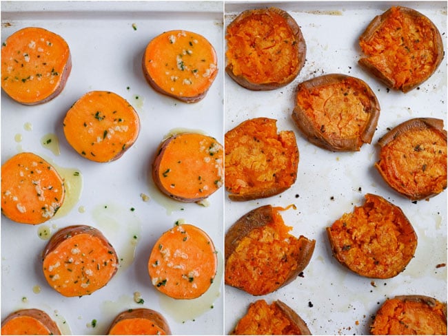 side by side shot of before and after baked sweet potatoes.