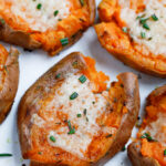 overhead shot of Smashed Sweet Potatoes on foil