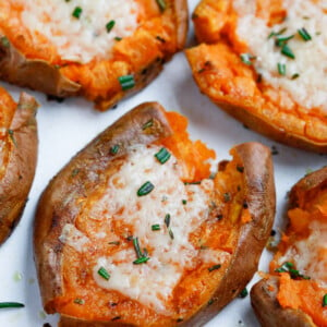 overhead shot of Smashed Sweet Potatoes on foil