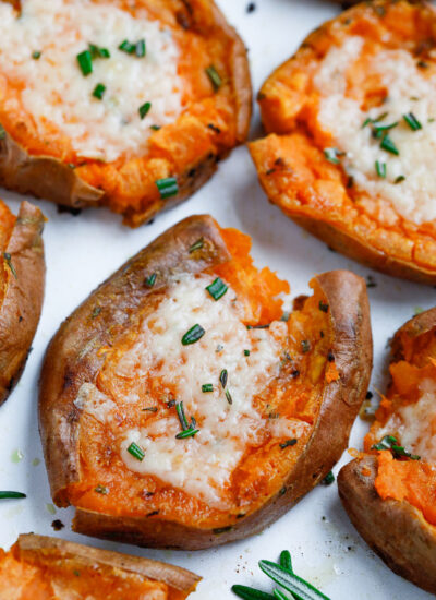 overhead shot of Smashed Sweet Potatoes on foil