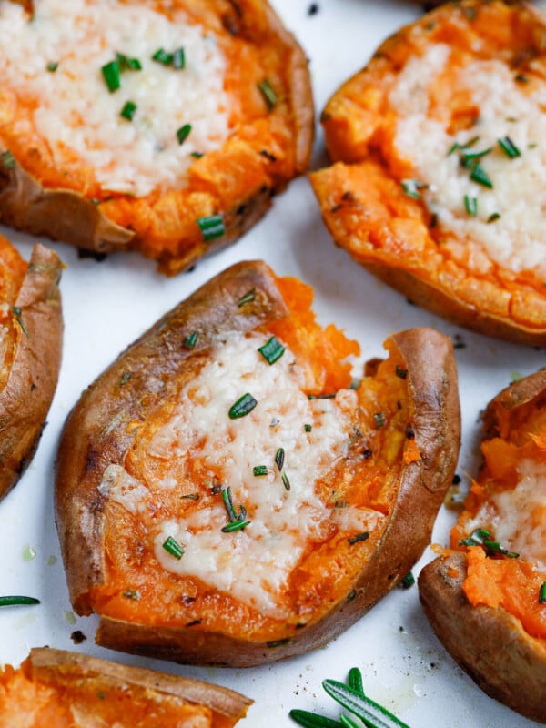 overhead shot of Smashed Sweet Potatoes on foil