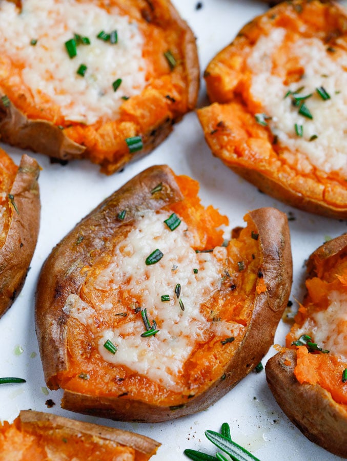 overhead shot of Smashed Sweet Potatoes on foil