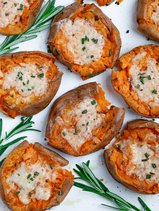 top down shot of Smashed sweet potatoes with herb and garlic