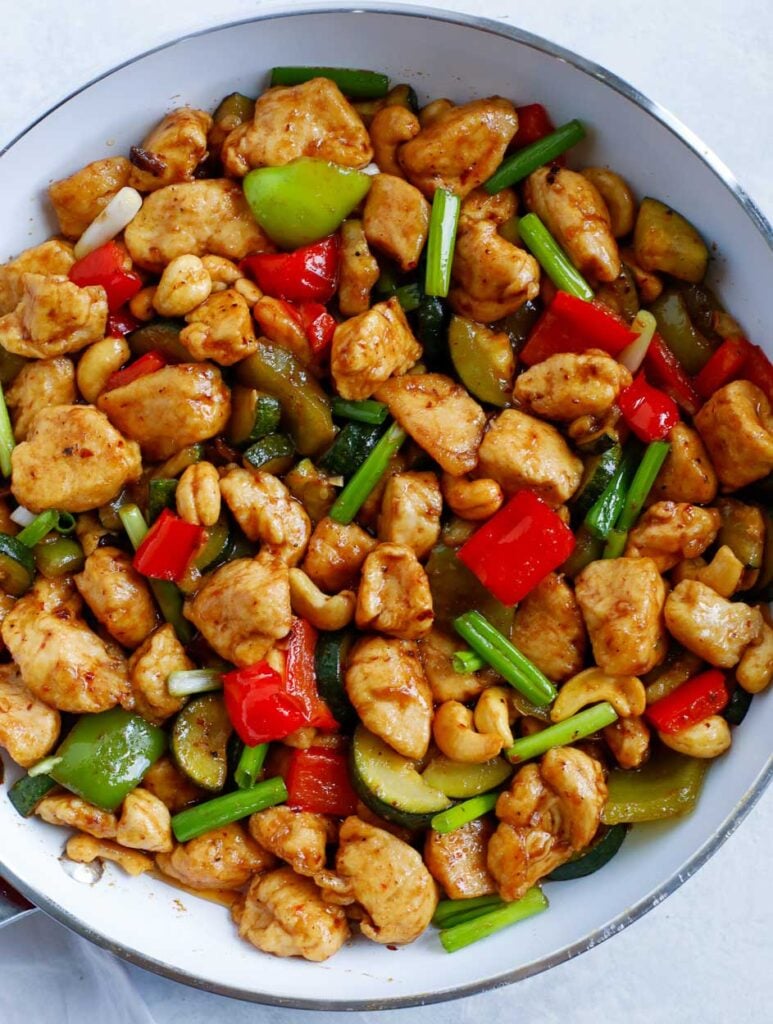 top down shot of cashew chicken recipe in a skillet