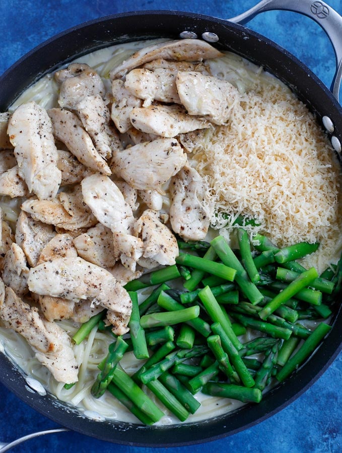  alfredo pasta with chicken in a skillet