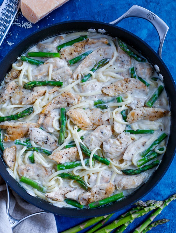 top down shot creamy chicken alfredo pasta