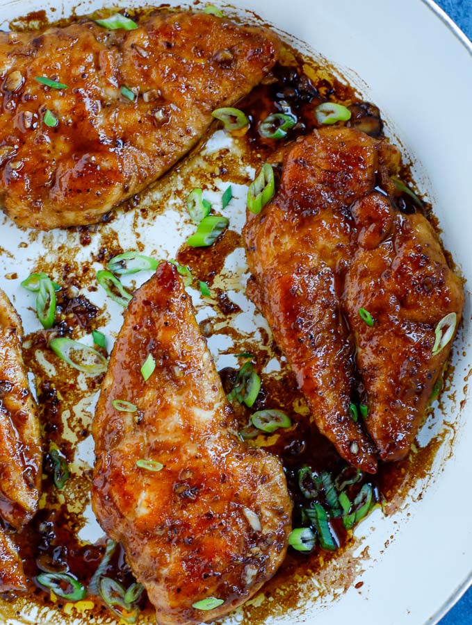 Overhead shot of Sticky Chicken in a skillet