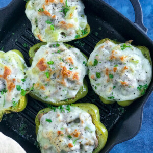 Philly Cheesesteak Stuffed Peppers in a pan