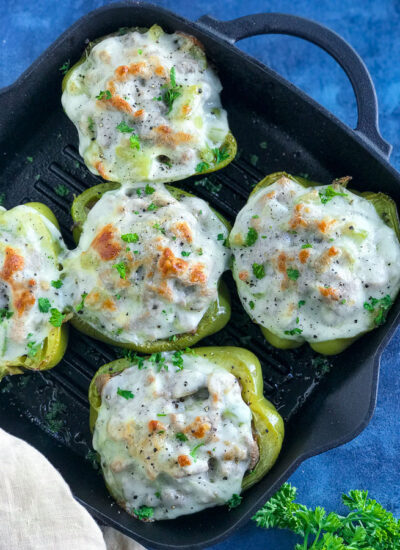 Philly Cheesesteak Stuffed Peppers in a pan