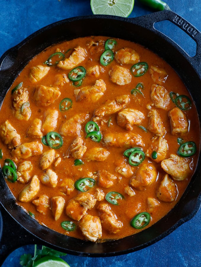 overhead shot of red curry chicken
