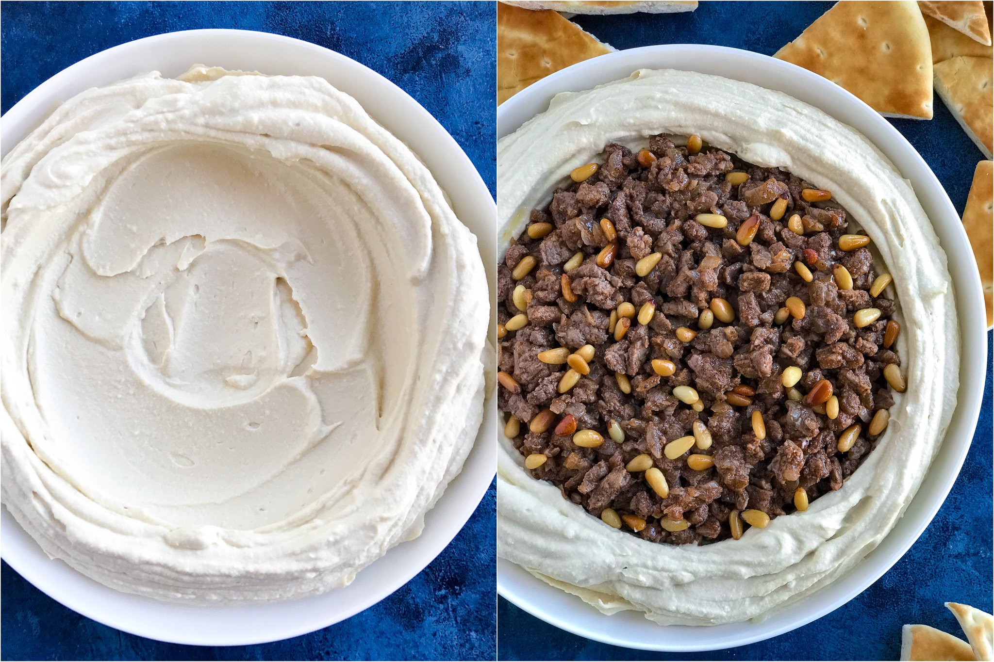 Two side by side photos of Lebanese Hummus in white bowls. The left photo shows plain hummus in the bowl and the right photo shows the hummus topped with spiced meat.