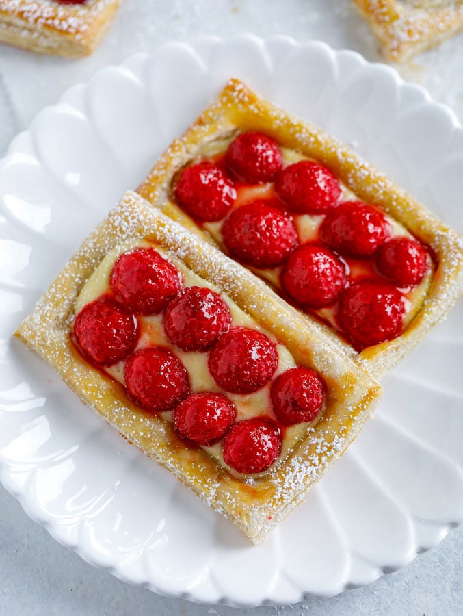 Raspberry Puff Pastry Tarts on a white dish