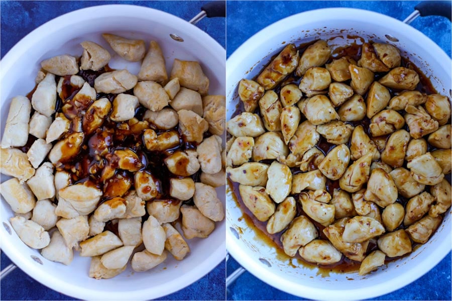 A side by side picture of the steps to make spicy chicken teriyaki.
