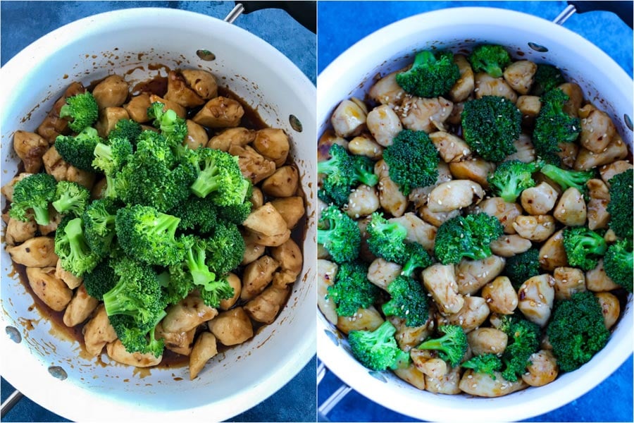 A side by side picture of the steps to make spicy chicken teriyaki.