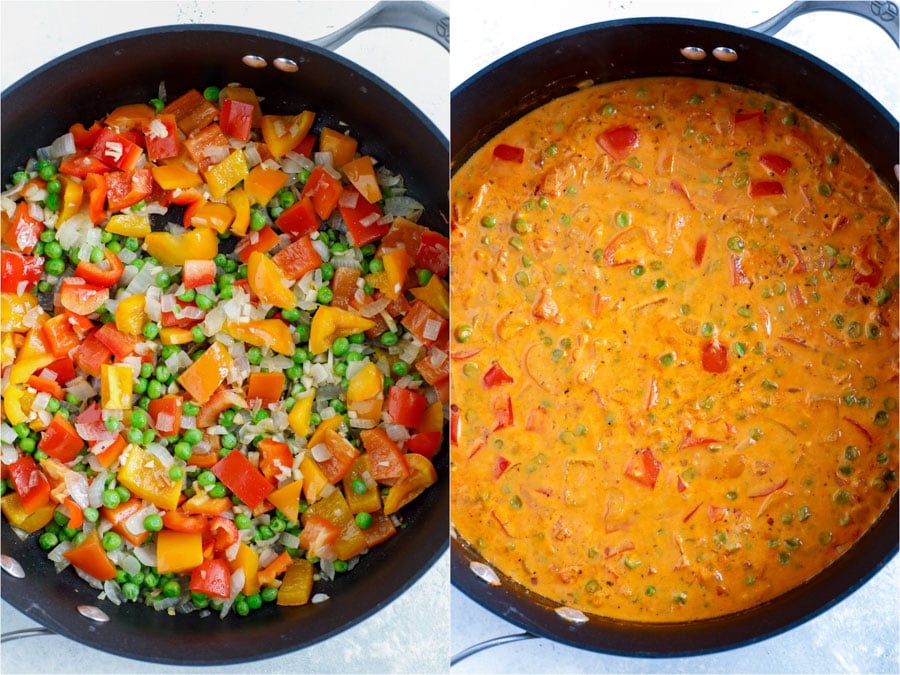 A creamy chipotle pasta sauce in the skillet on the right and the chopped vegetable added to the skillet on the left.