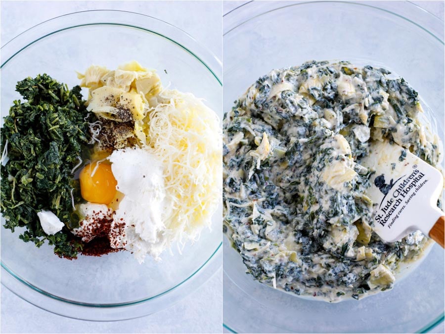 Step by step photo of making the stuffing for the shells. On the left shows the ingredients in a bowl and the right shows the ingredients mixed in the bowl.