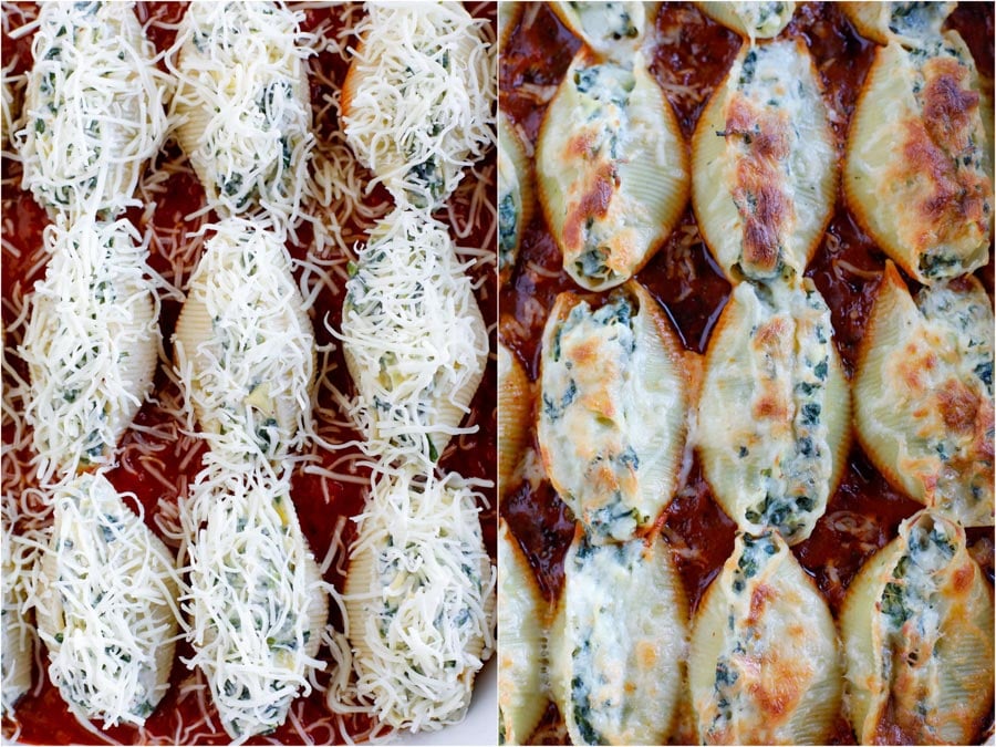 Stuffed shells before they bake in the oven on the left and stuffed shells after they bake in the oven on the right.