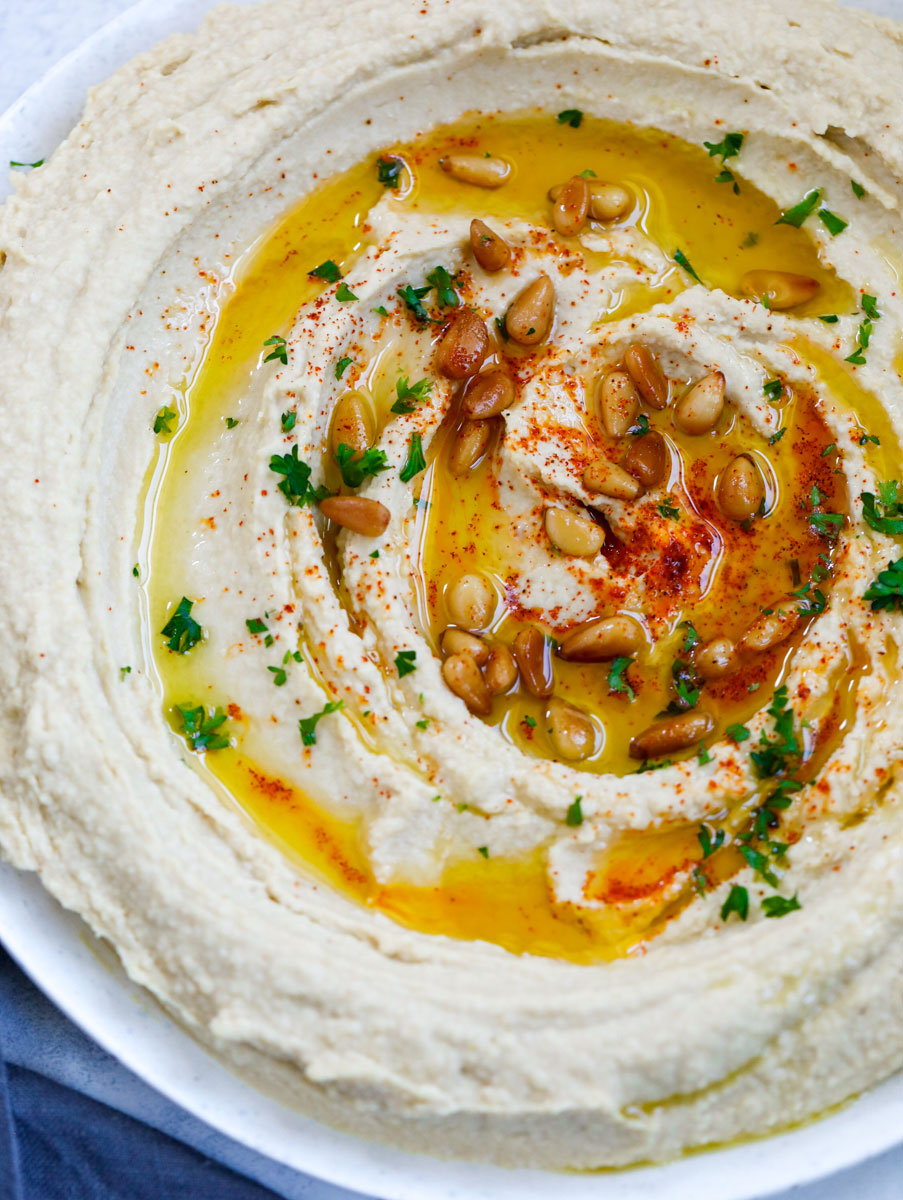 Close up of the toppings on the Lebanese hummus