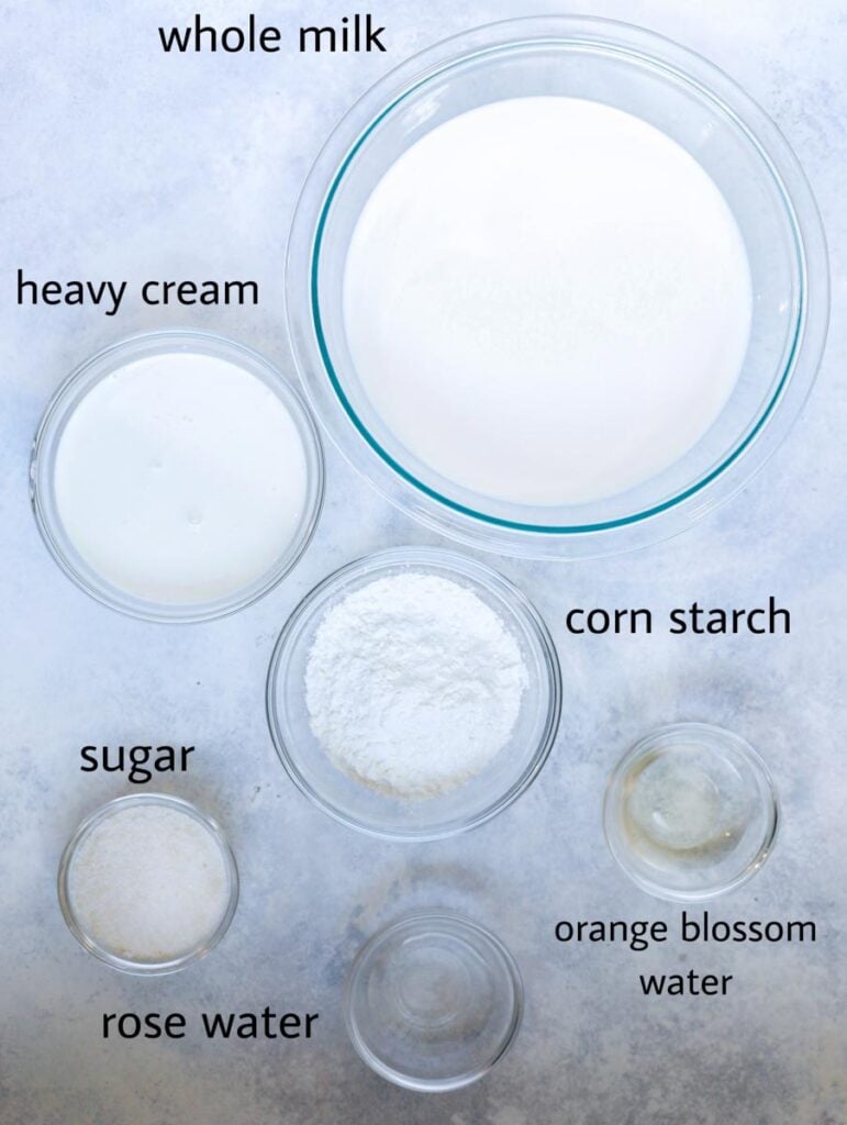 ingredients for ashta cream, milk, sugar, corn starch, heavy cream, orange blossom water, rose water