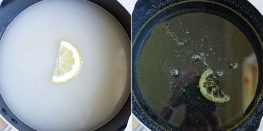 sugar syrup in a pot with a lemon wedge