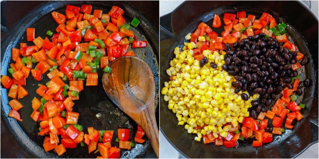 veggies for the mexican shrimp being sauteed. Corn, bell peppers and black beans