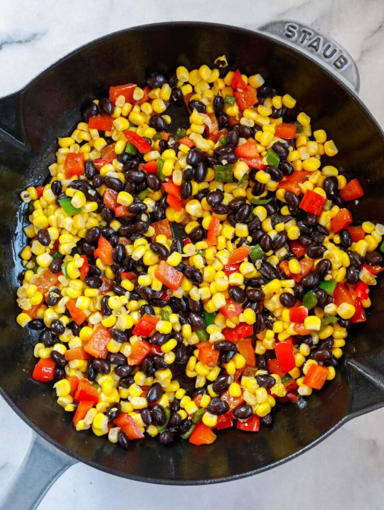 sauteed veggies for the mexican shrimp. corn beans and bell peppers