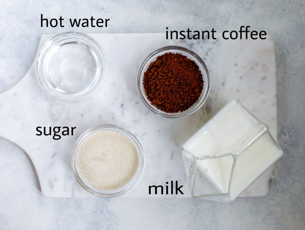 whipped coffee ingredients, sugar, instant coffee, hot water, milk